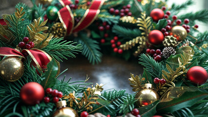 Obraz premium Festive Christmas Wreath with Red and Gold Decorations and Evergreen Branches