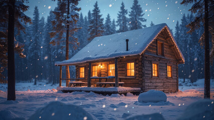 Obraz premium Cozy Snowy Cabin in Winter Forest with Warm Lights and Falling Snow