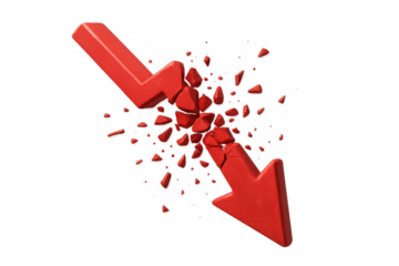 Red arrow breaking, symbolizing crisis, crash, stock market collapse, financial recession, and business failure, transparent background