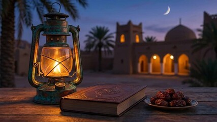 Old lantern, book dates, mosque in the night. Suitable for ramadan, islamic festivals, cultural events, historical publications, and education materials.