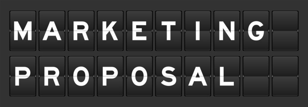 Black color analog flip board with word marketing proposal on gray background