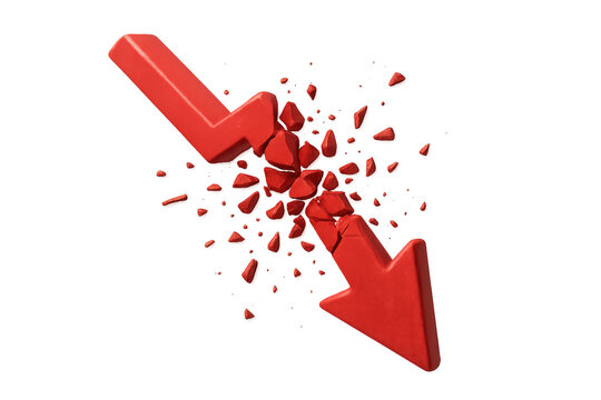 Red arrow breaking, symbolizing crisis, crash, stock market collapse, financial recession, and business failure, transparent background - Powered by Adobe
