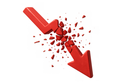 Red arrow breaking, symbolizing crisis, crash, stock market collapse, financial recession, and business failure, transparent background - Powered by Adobe