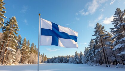 Finnish flag waving in winter landscape with snow-covered trees and blue sky