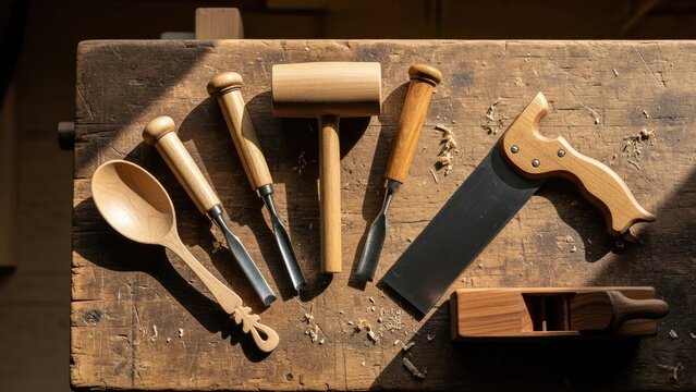Rustic Woodworking Tools Including Chisel, Saw, and Mallet on a Vintage Wooden Workbench, Top View