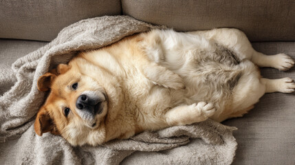 Cute fat dog sad because excess weight. Modern problem of obesity in pets due to overfeeding with food and treats. Concept diet and fight against excess weight in dogs and awareness of animal health