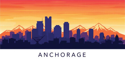 Naklejka premium Anchorage alaska skyline at sunset with mountains