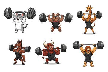 collection of six cartoon animals weightlifting including a cat dog and giraffe.