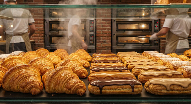 Artisan bakery with fresh pastries and bakers at work - Powered by Adobe