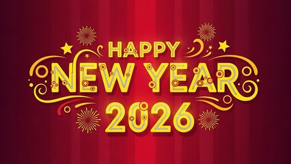 Happy New Year 2026 with festive golden typography and fireworks on a red background.