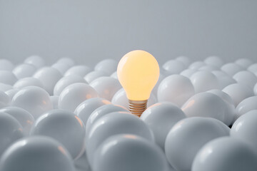 single glowing lightbulb among many white spheres