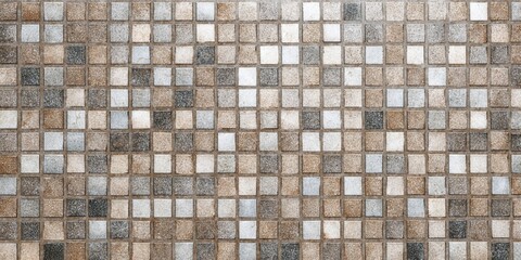 Fototapeta premium Repeating pattern of small square mosaic tiles featuring various earth tones and shades of gray
