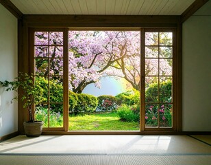 陽光が差し込む窓越しの桜と庭園