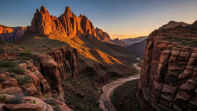 Majestic canyon landscape with rugged sandstone mountains and a winding road at sunset or sunrise, showcasing the grandeur of nature. - Powered by Adobe