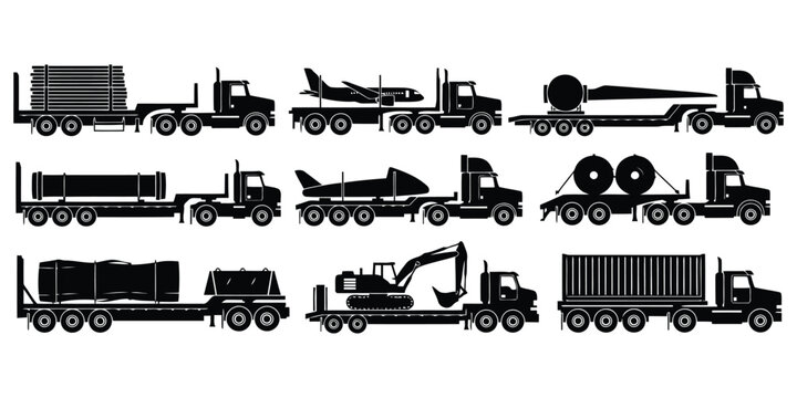 Collection of Cargo Trucks Silhouettes with Various Loads