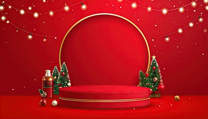 Festive Red Christmas Product Display Stage with Lights and Trees.