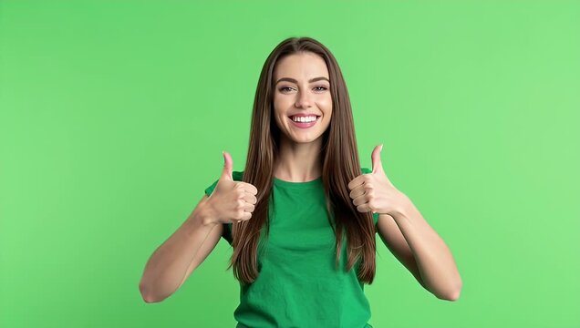 Smiling Woman in Green Shirt Giving Thumbs Up Gesture Against a Bright Green Background for Positive Vibes and Actions