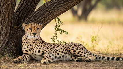 Majestic cheetah resting peacefully under a tree in the vast African savanna, exhibiting its natural wild beauty.