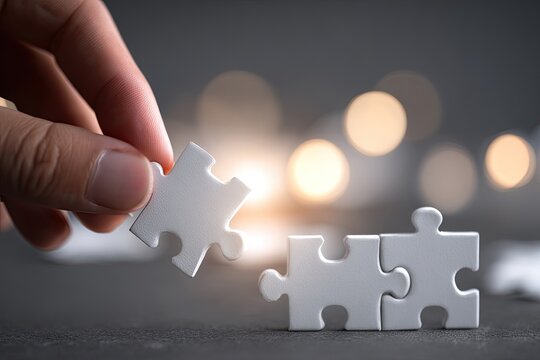 Hand placing a puzzle piece to complete the set with a soft focus background - Powered by Adobe