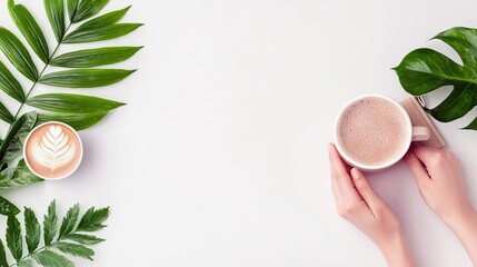 Overhead shot of a woman's hands holding a cup of coffee with latte art, surrounded by green leaves on a white background. One cup of coffee with latte art is a