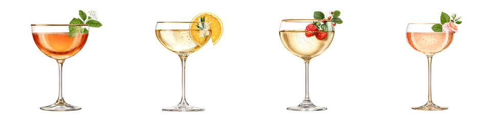 Elegant Coupe Glasses: Festive Cocktail Collection on White