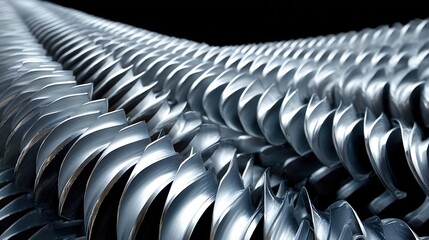 Close-up view of a row of metal blades with a black background, industrial texture.