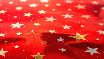 Festive red background with scattered holographic stars and bokeh effect.
