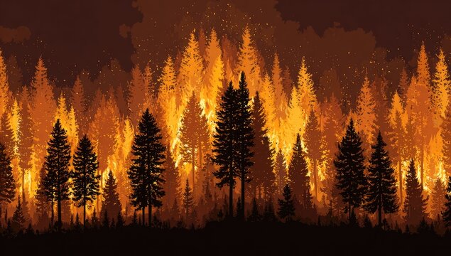 Digital art depicts a burning forest. The trees are aflame, the sky is dark and smoky