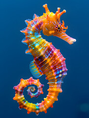 Vibrant Multicolored Seahorse in Deep Blue Ocean
