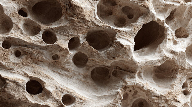 An abstract close-up shot of a textured sandstone formation with holes, revealing unique patterns and a rugged surface