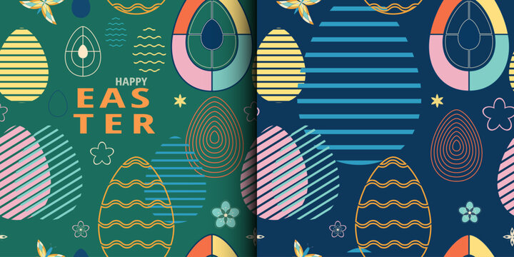  Easter holidays greeting seamless pattern typography. Linear swirls design with Bunny rabbit, Easter eggs, spring plants. Set Template for advertising, web, social media