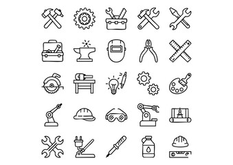 Workshop & Industrial Tools: Vector Icon Set, Black and White Craftsmanship Icons, 25 Essential Engineering and Repair Icons