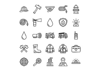 Fire Station & Safety Gear: Vector Icon Collection, Black and White Emergency Response Icons, 25 Essential Firefighter Equipment Line Art