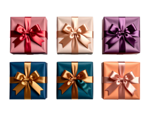 Six colorful gift boxes with tied ribbons and bows on a dark background