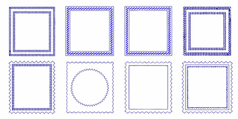 Collection of hand drawn decorative frames in blue ink on white background