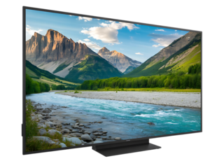 Modern flat screen television displaying a beautiful mountain landscape isolated on white background