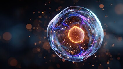 Fototapeta premium Close-up of a glowing cellular structure with a nucleus surrounded by a shimmering energy field