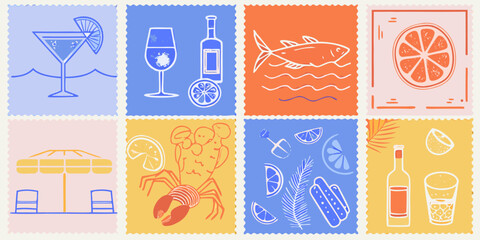 Summer vacation stamp collection with food drinks and beach theme