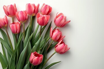 Fototapeta premium A bouquet of pink tulips on a light pastel background with empty space for text, soft natural light, Women's Day concept.
