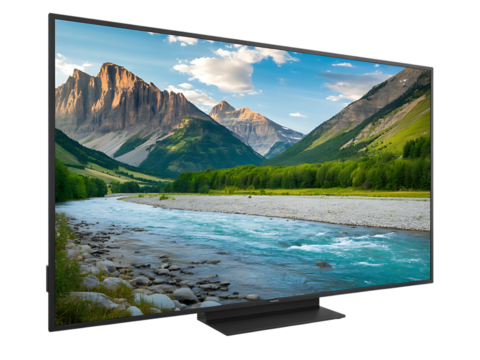 Modern flat screen television displaying a beautiful mountain landscape isolated on white background