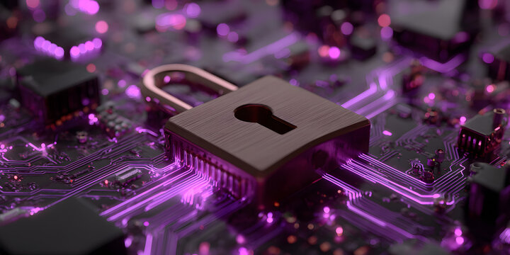 Cyber security concept. Padlock on circuit board background neon purple created with AI - Powered by Adobe