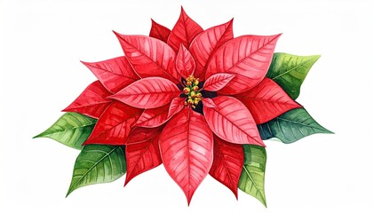 Watercolor Poinsettia Flower Illustration Red Green Leaves.