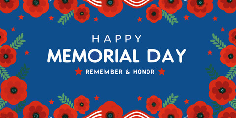 Happy memorial day with red poppies stars and american flag decoration