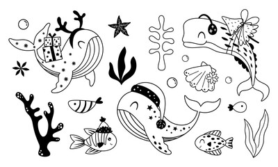 Black and White Christmas Sea Animals Clipart Set. Cute Xmas Ocean Characters Doodle. Festive Under The Sea. Holiday Nautical Illustrations.