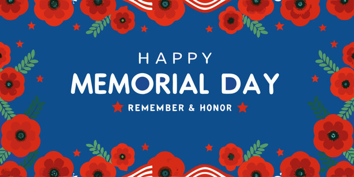 Happy memorial day with red poppies stars and american flag decoration