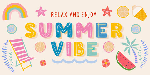 Colorful summer vibe illustration with beach elements and relaxing message