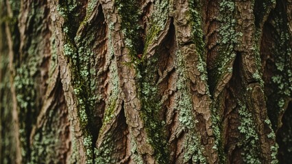 Obraz premium Detailed close-up of rough tree bark texture with green moss and lichen, natural organic background.