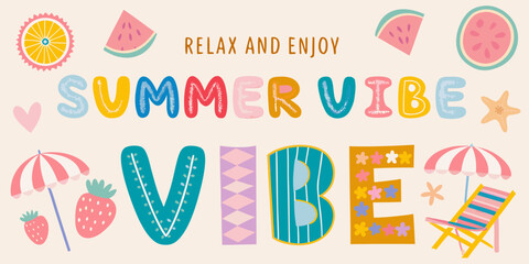 Colorful summer vibe illustration with beach elements and fruits