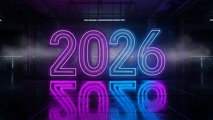 Bright neon 2026 sign, futuristic year concept, vibrant colors