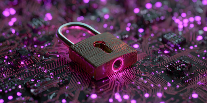 Cyber security concept. Padlock on circuit board background neon purple created with AI